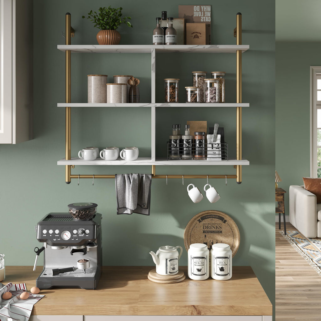 Kitchen Shelves Wall Mounted Floating Pipe Shelving 3 Tier 41.5" Coffee Bar Shelf with Holder Wall Display Storage