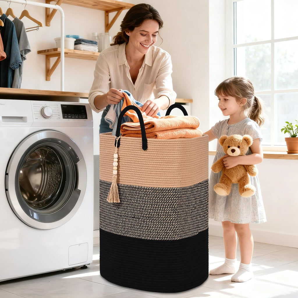 Woven Laundry Basket for Clothes, 80 L Large Rectangle Laundry Hampers with Beads Tassel, Nursery Storage Basket for
