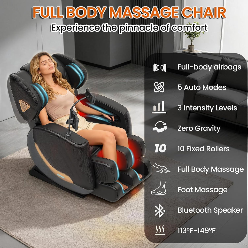2027 Zero Gravity Massage Chair Full Body and Recliner with Heat & 10 Fix Rollers, 5 Auto Modes & 3 Intensity Levels
