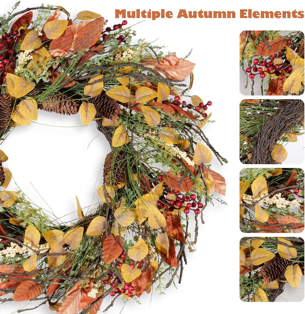 Fall Wreath for Front Door 24 inch Artificial Red Broad Leaves