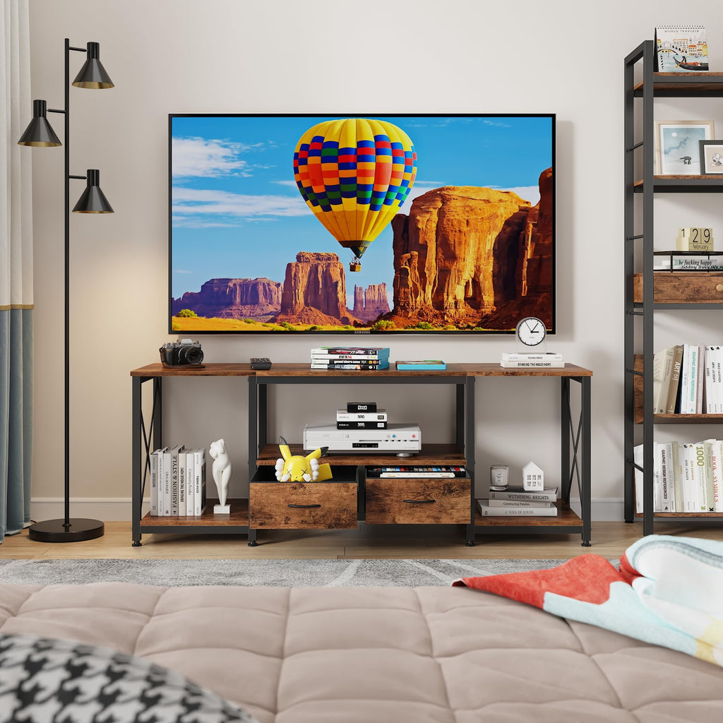 TV Stand with Fabric Drawers for 65 70 75 Inches TV - Entertainment Center and Industrial TV Console Table with Open