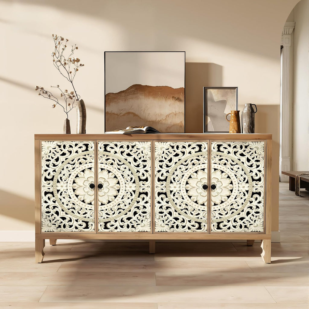 59" Solid Wood Buffet Cabinet, Accent Cabinet with 4 Carved Doors | Vintage Sideboard with Adjustable Shelf, Wooden