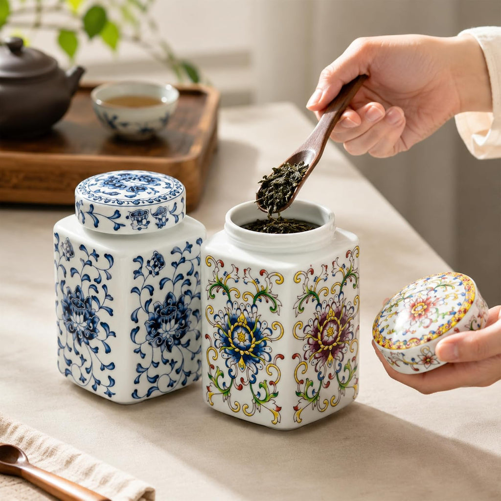 200 ml Small Ceramic Tea Canister with Lid, Decorative Chinoiserie Ginger Jar with Cork Stopper Countertop Decor