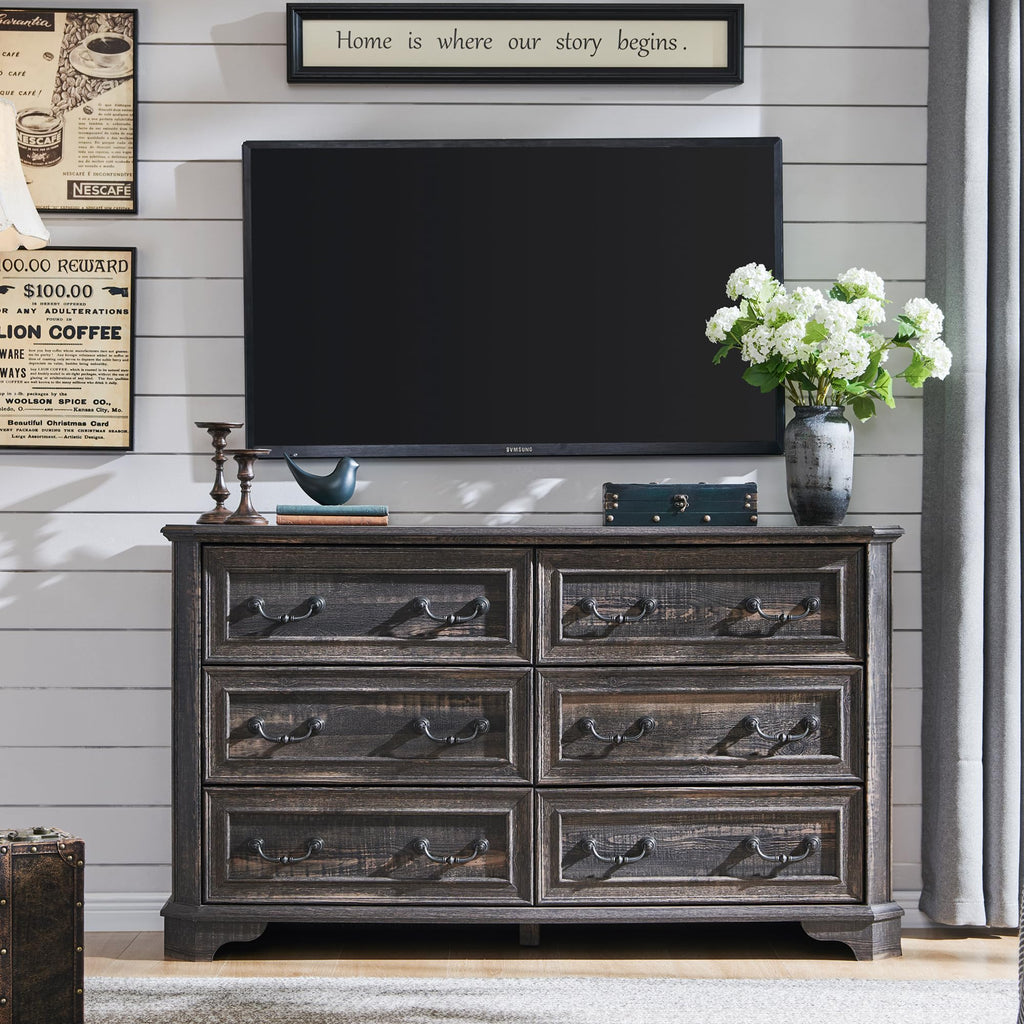 Farmhouse 6 Drawers Dresser, 54" Wide Wood Rustic Chest of Drawers with Natural Texture, Vintage Design, Storage