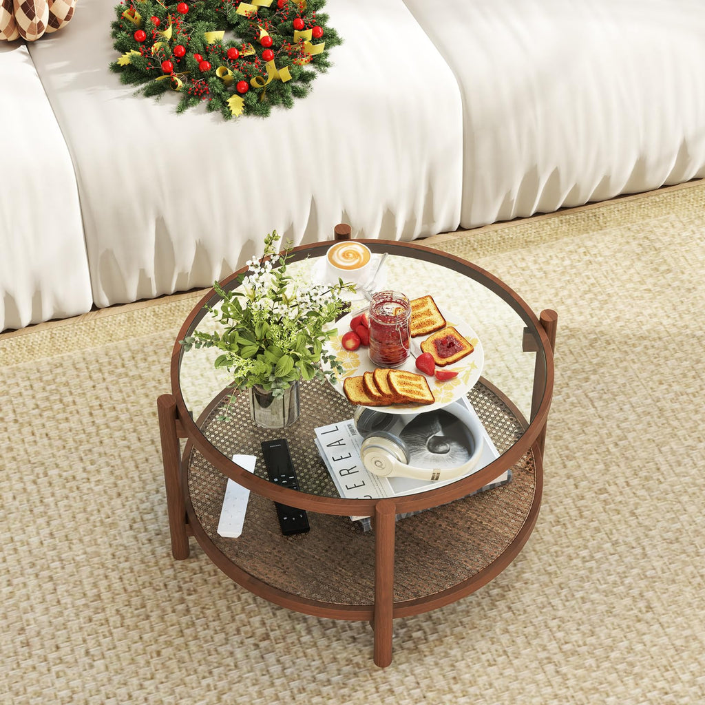 Rattan Coffee Table, Boho Round Glass Tea Table with PE Rattan Storage Shelf & Wood Frame, 2 Tier Accent Center Table