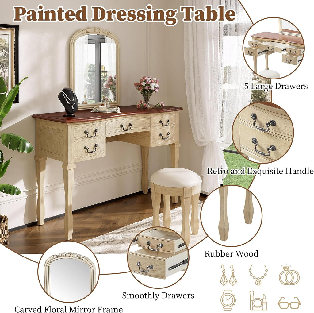 46" Vintage Vanity Desk with Curved Flower Frame Mirror, Wood Dressing Table with Storage, 5 Drawers, Makeup Vanity
