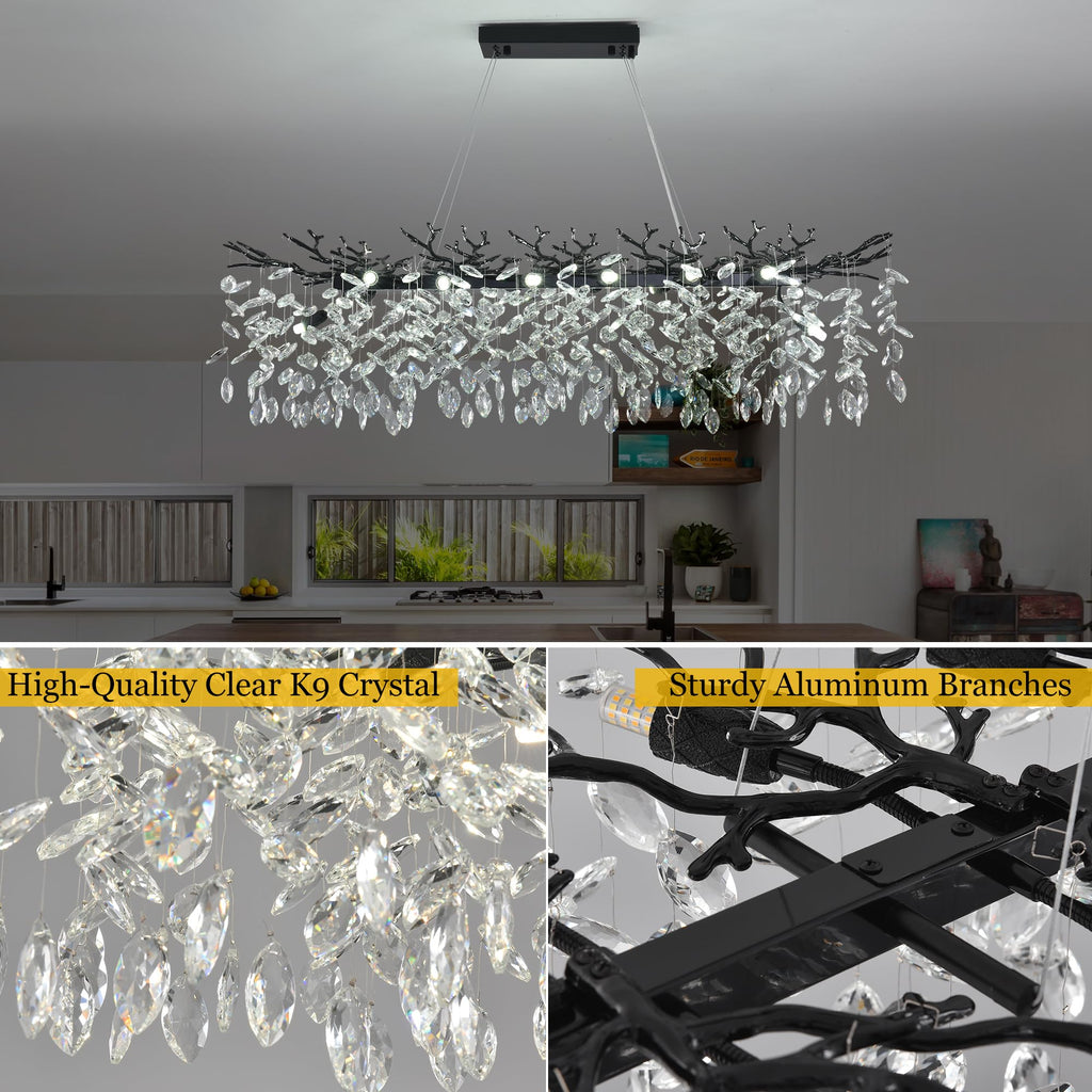 Modern Rectangle Crystal Tree Branch Chandelier, L47.3'' Luxury Black Linear Art Deco Raindrop Pendant Lighting
