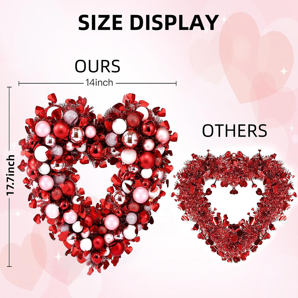 17.7'' Heart Shaped Wreath Red Pink White Heart Wreath with Tinsel Red Balls Decorations for Front Door Wedding Party