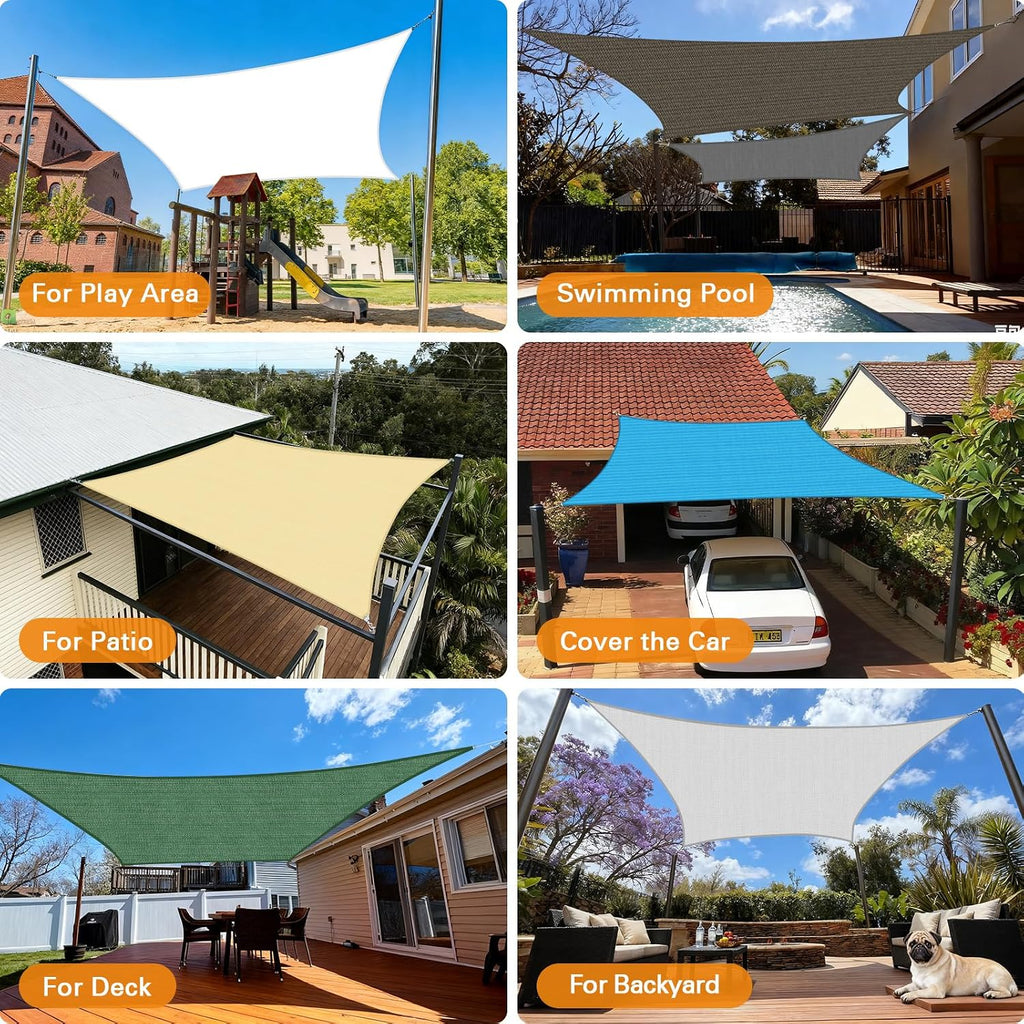 Sun Shade Sail, 13'X17' Sand Rectangle Curved Edged Sun Shade, Commercial Grade 185GSM HDPE UV Permeable Outdoor