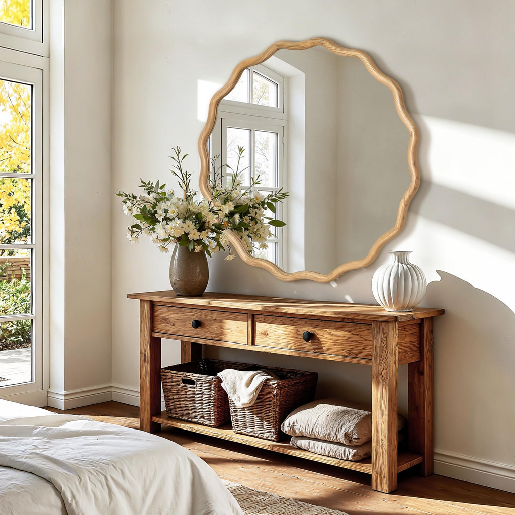Round Wavy Wall Mirror, 36" Circle Boho Scalloped Mirror