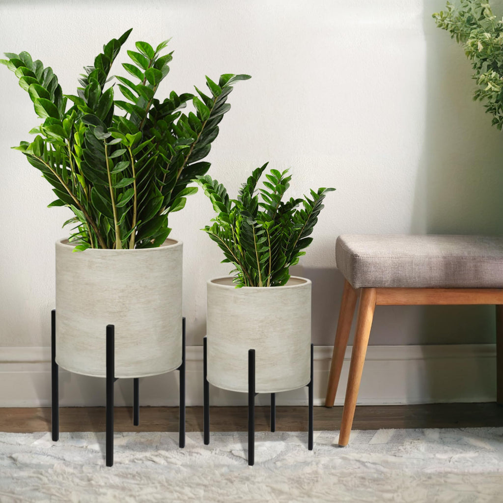 Modern Plant Pots, Large Planters with Stand, Set of 2 Decorative Planters, Metal Pots with Drainage Holes, Garden