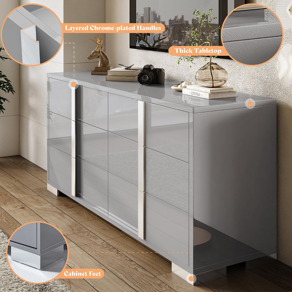6 Drawer Dresser, Modern Storage Chest, High Gloss Finish, Grey