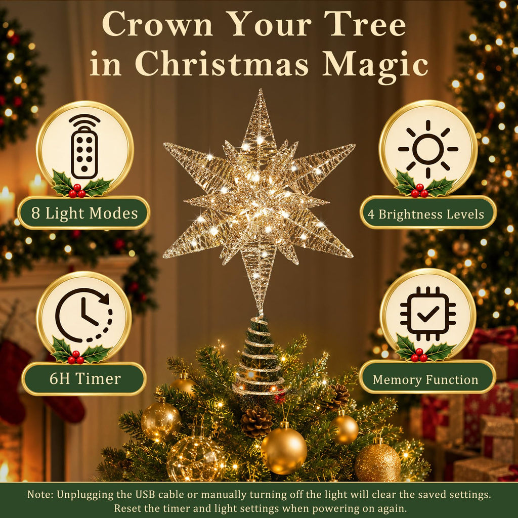 Christmas Tree Topper Star, 15" Lighted 3D Moravian Tree Star