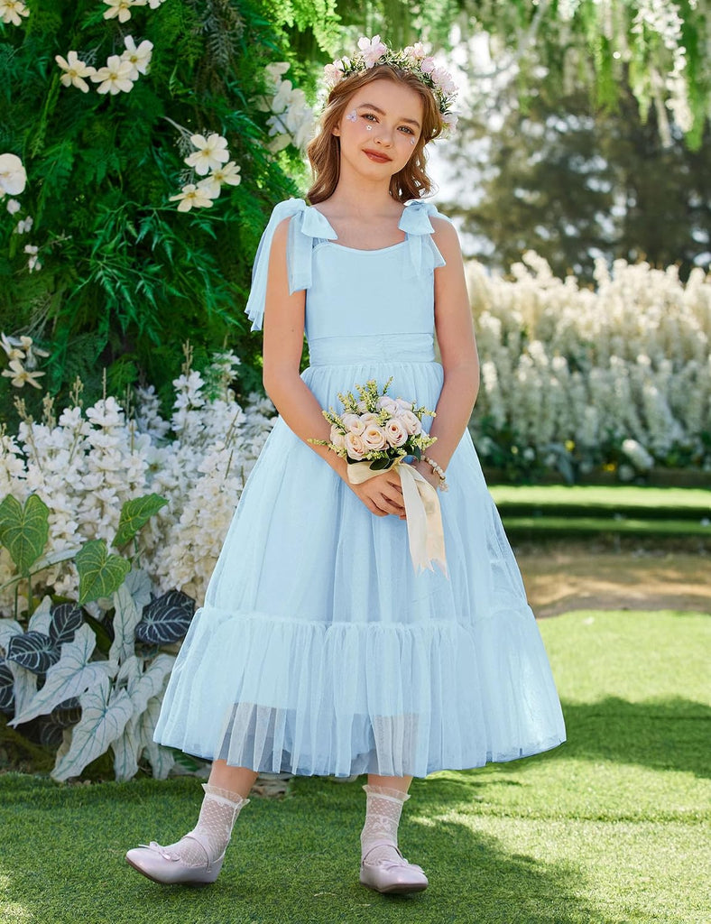 Girls Summer Sleeveless Bow-Tie Straps Party Long Tulle Dresses