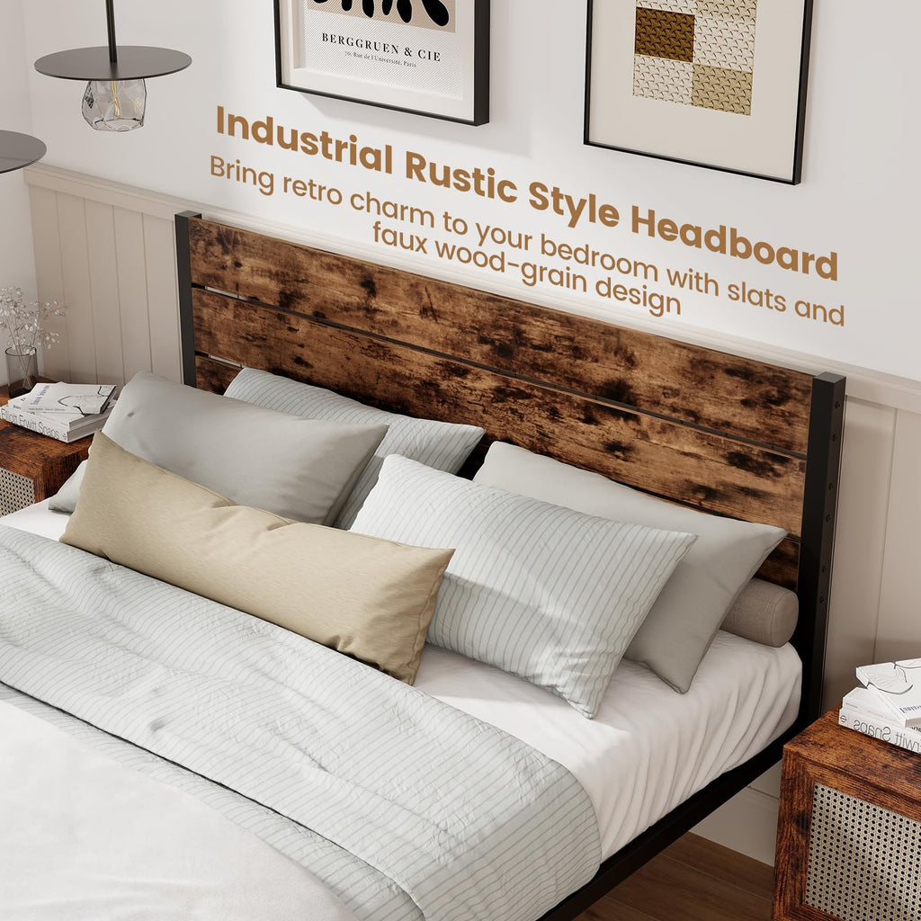 Bed Frame with Headboard, Metal Platform Bed with Under-Bed Storage Space & Slatted Headboard, Industrial