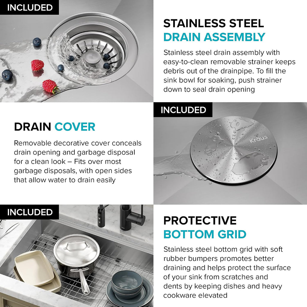 Kore ADA Workstation 32-inch Undermount 16 Gauge Stainless Steel Kitchen Sink, Single Bowl Kitchen Sink with