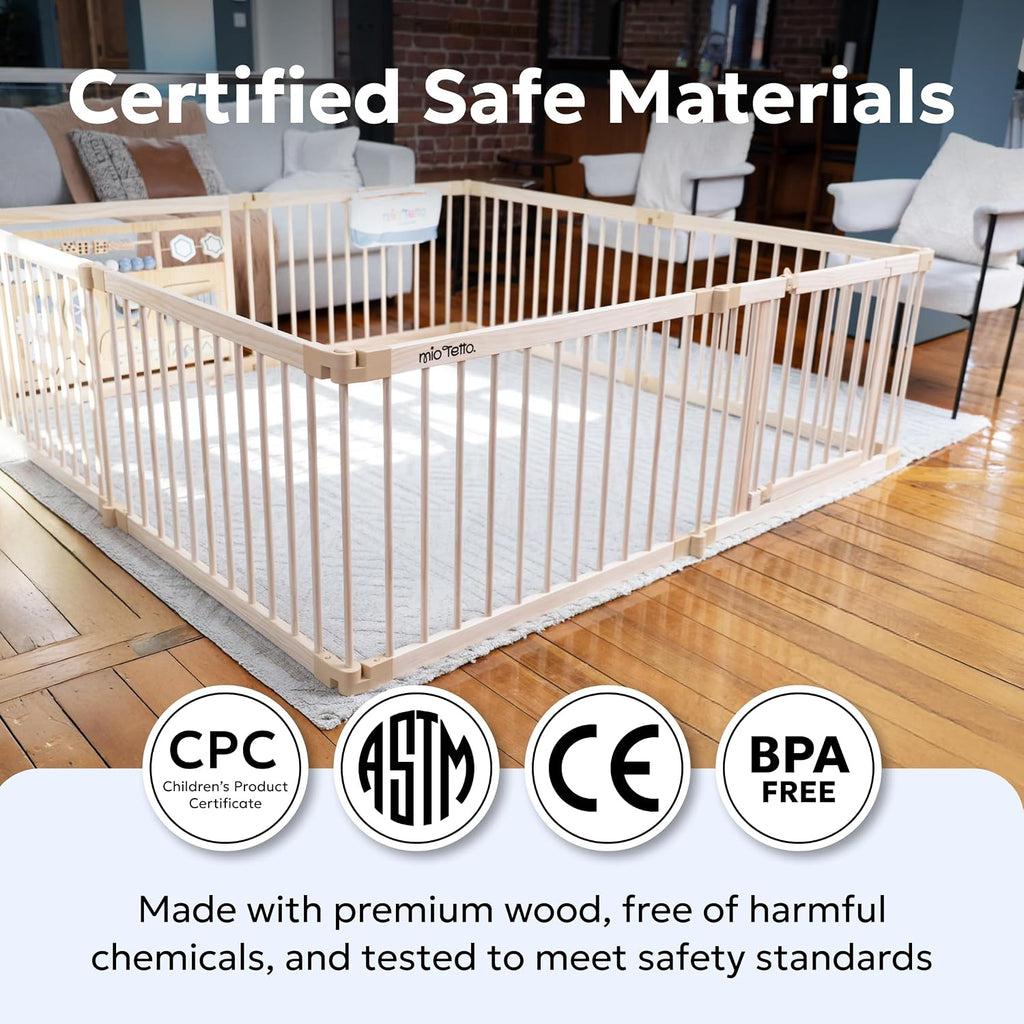 Baby Playpen, Wooden Playpen for Babies and Toddlers, Foldable Fence with Montessori Activity Panel, Storage Basket &