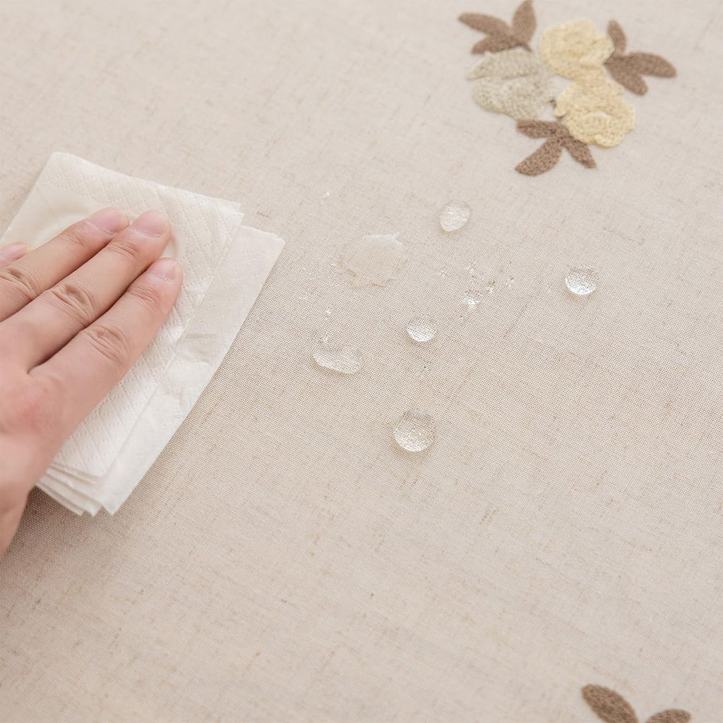 Cream Linen Tablecloth Rectangle 60 x 84 Inch Brown Floral Pattern Embroidered Table Cloth with Tassel Heavy Duty
