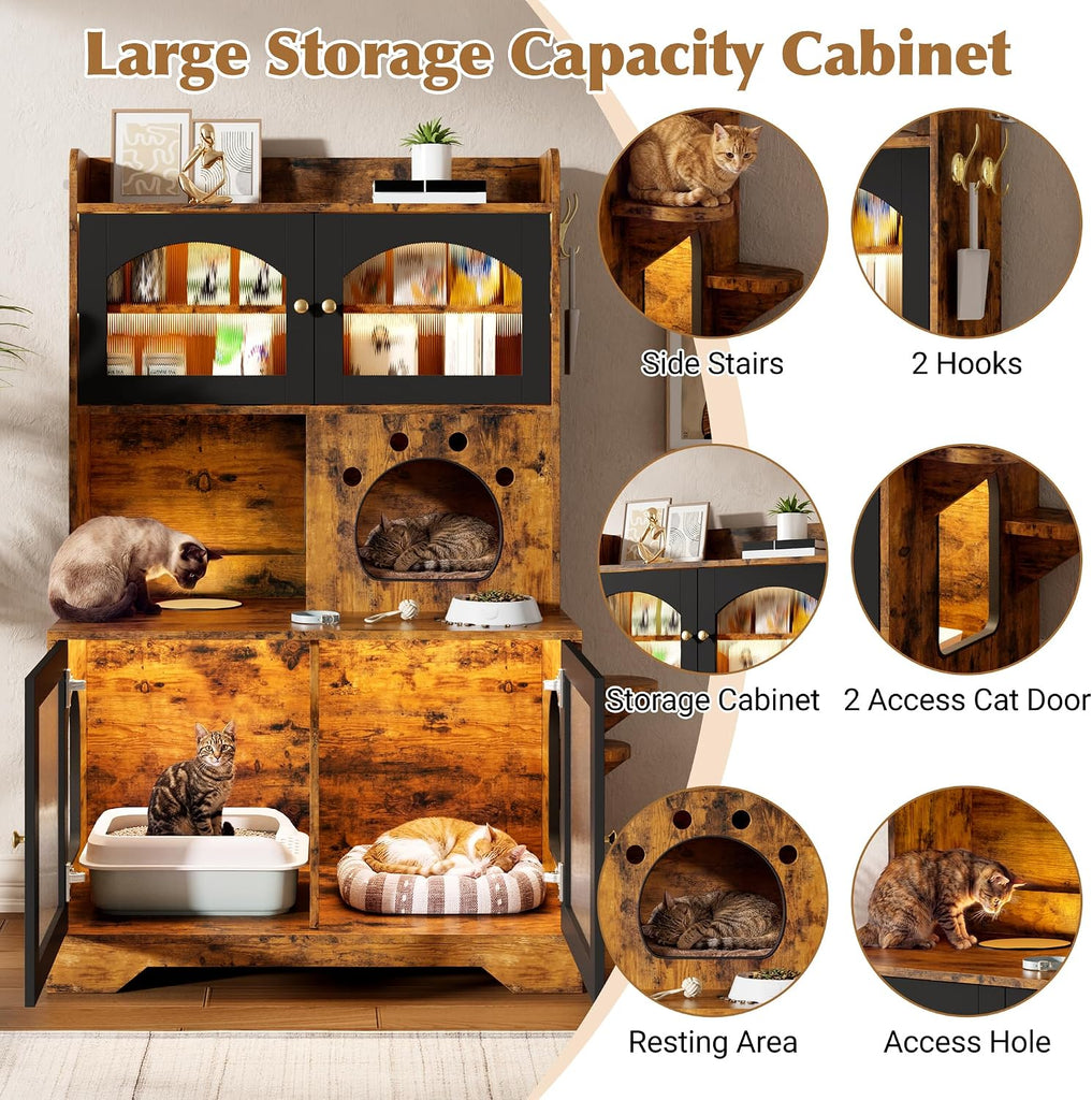 3 Tier Cat Litter Box Enclosure Furniture with Storage Cabinet