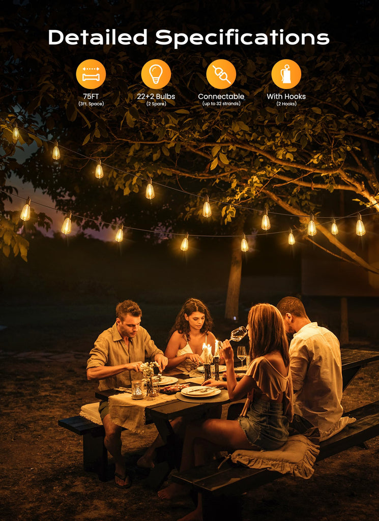 Outdoor String Lights, 75FT 22+2 LED ST38 LED Patio Lights Shatterproof, Dimmable IP65 Waterproof Connectable Hanging