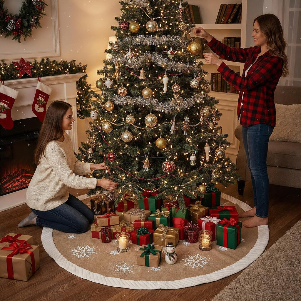 Christmas Tree Skirt 60 inches, Burlap Tree Skirt for 7.5 ft Tree to 9 ft Tree, Large Snowflake Tree Skirt with Faux
