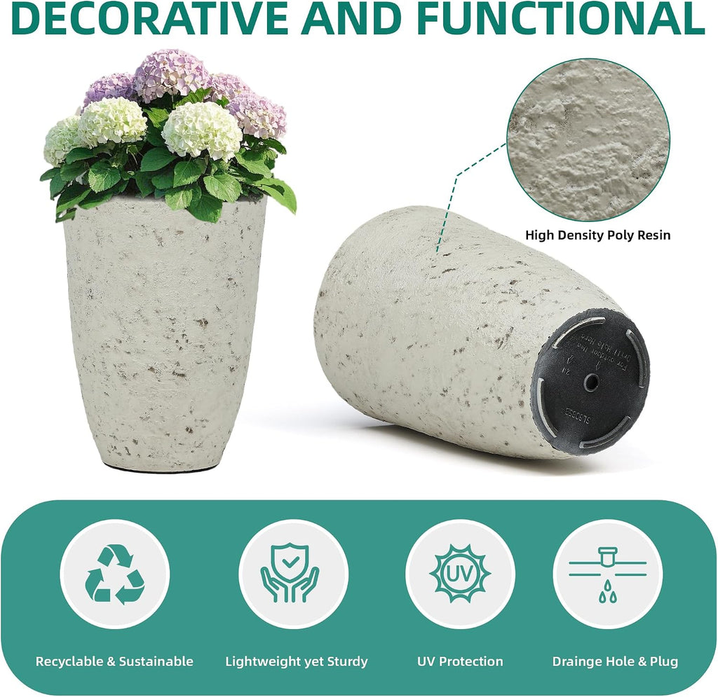 19.5" Resin Tall Planters for Outdoor Plants, Set of 2 Flower Pots | Country White Large Outdoor Planters With Birch