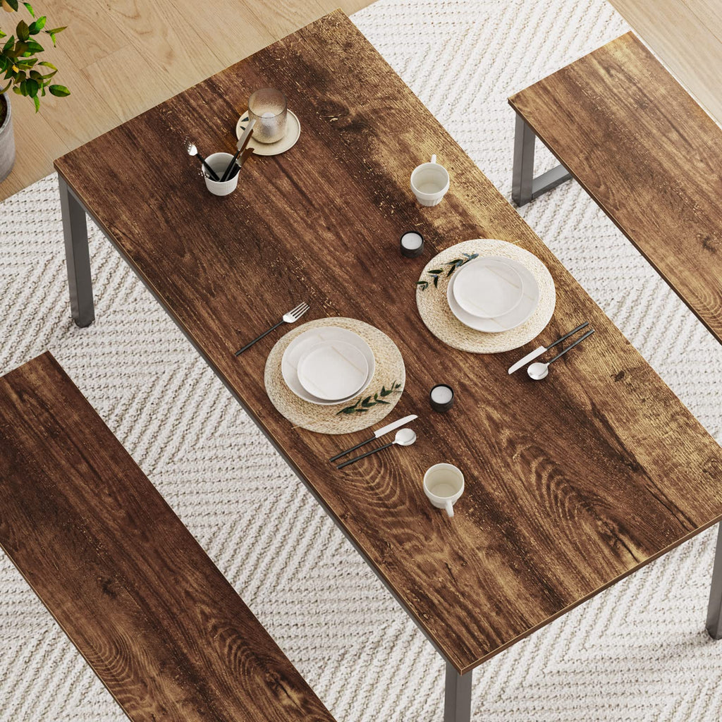 Kitchen Table Set with 2 Benches, Bench Dining Table Set for 4, 3 Piece Dining Room Table and Long Benches, Breakfast