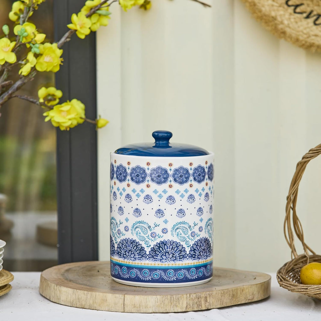 Blue Talavera Ceramic Air Tight 9 inch Cookie jar, for holding coffee, powder, tea, spices, Microwave and Dishwasher