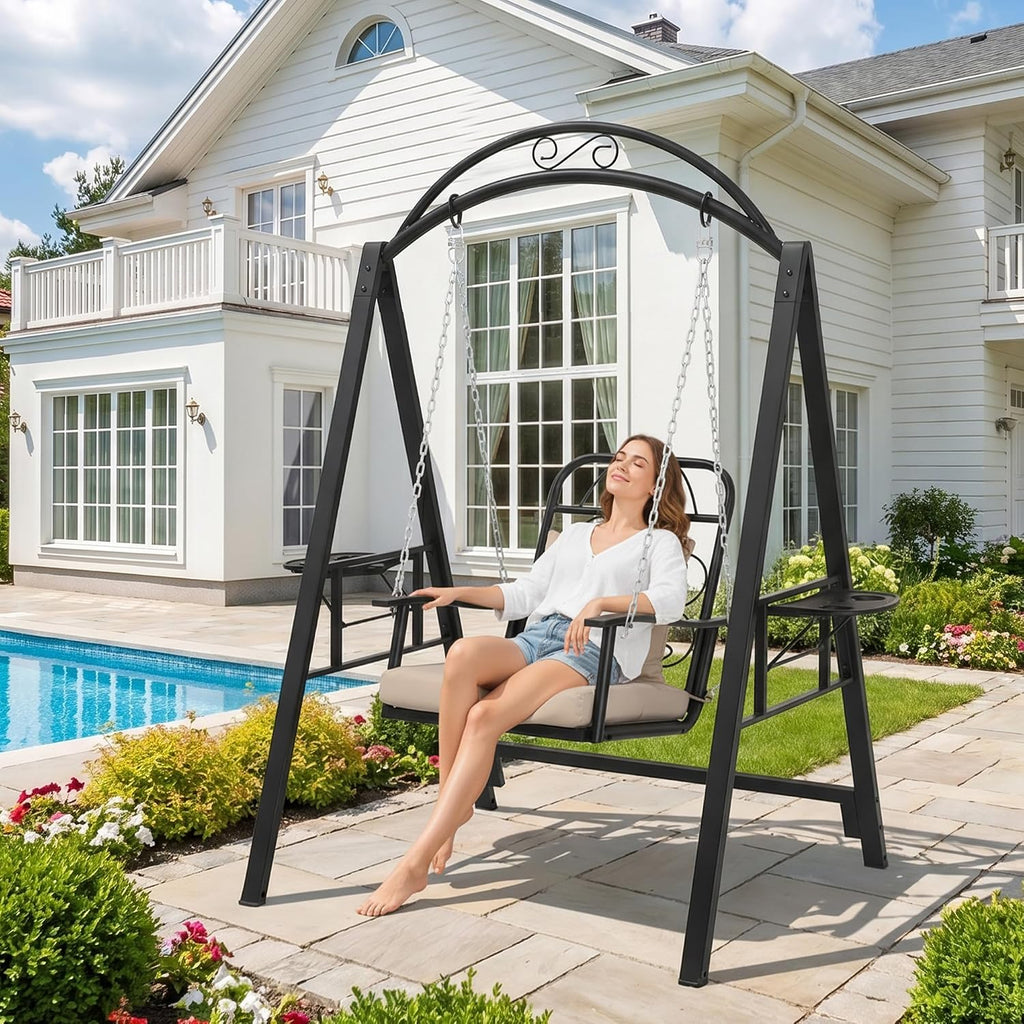 Porch Swing with Stand, Heavy-Duty Metal Patio Swing with Cup Holder | Outdoor Swings Chair for adults with Soft