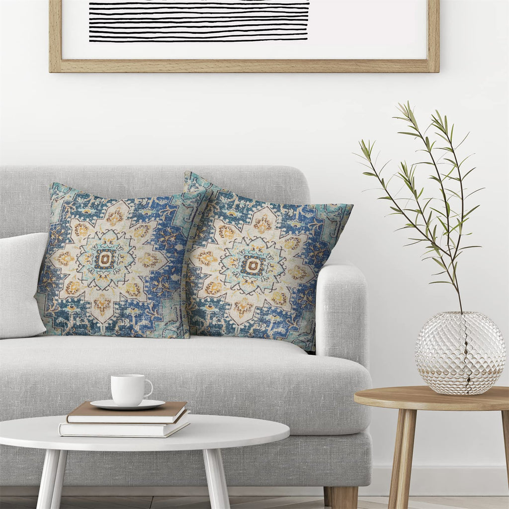 Blue Yellow Carpet Pattern Boho Pillow Covers 18x18 Set of 2
