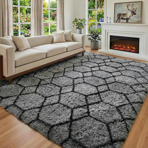 ONASAR 6x9 Area Rugs for Living Room Bedroom, Large Fluffy Grey and Black Throw Rug