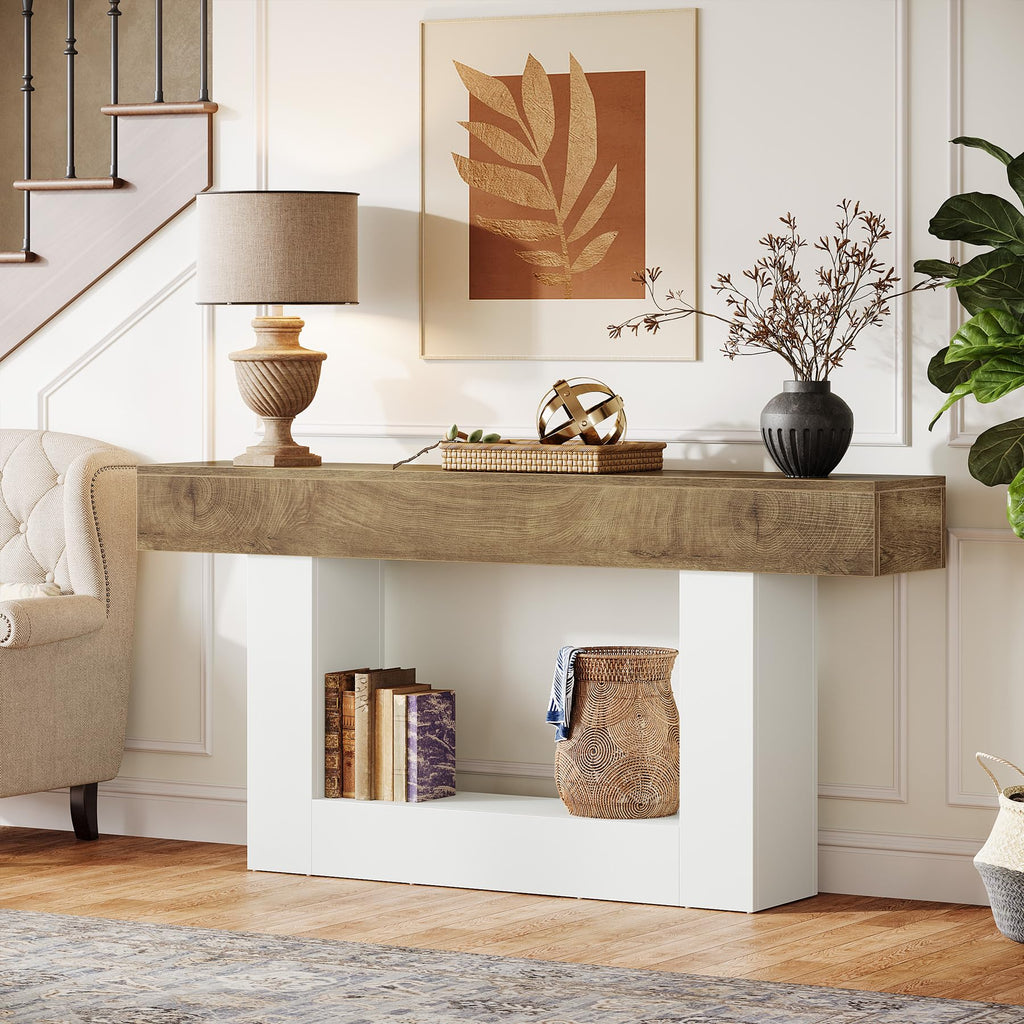 63-Inch Long Console Table, 2-Tier Entryway Table Sofa Table with Storage, Farmhouse Wood Behind Couch Table, Light