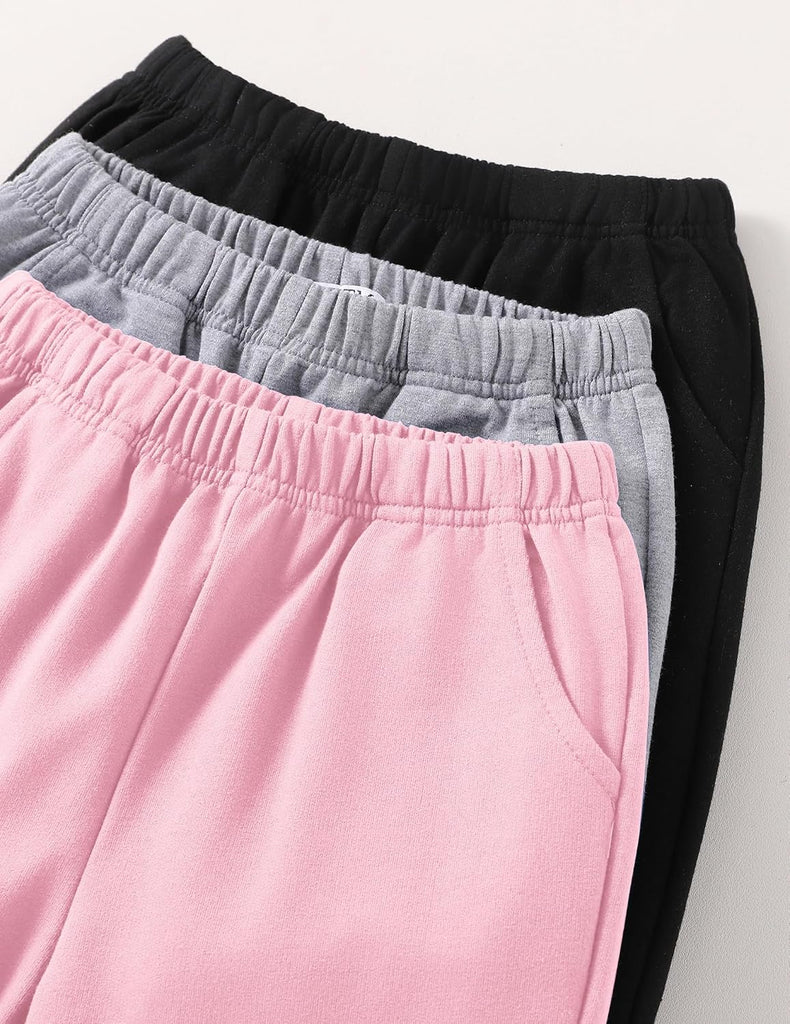 Girls' 3 Pack Cotton Sweatpants Elastic Waisted Joggers Athletic Pants with Pockets for Kids
