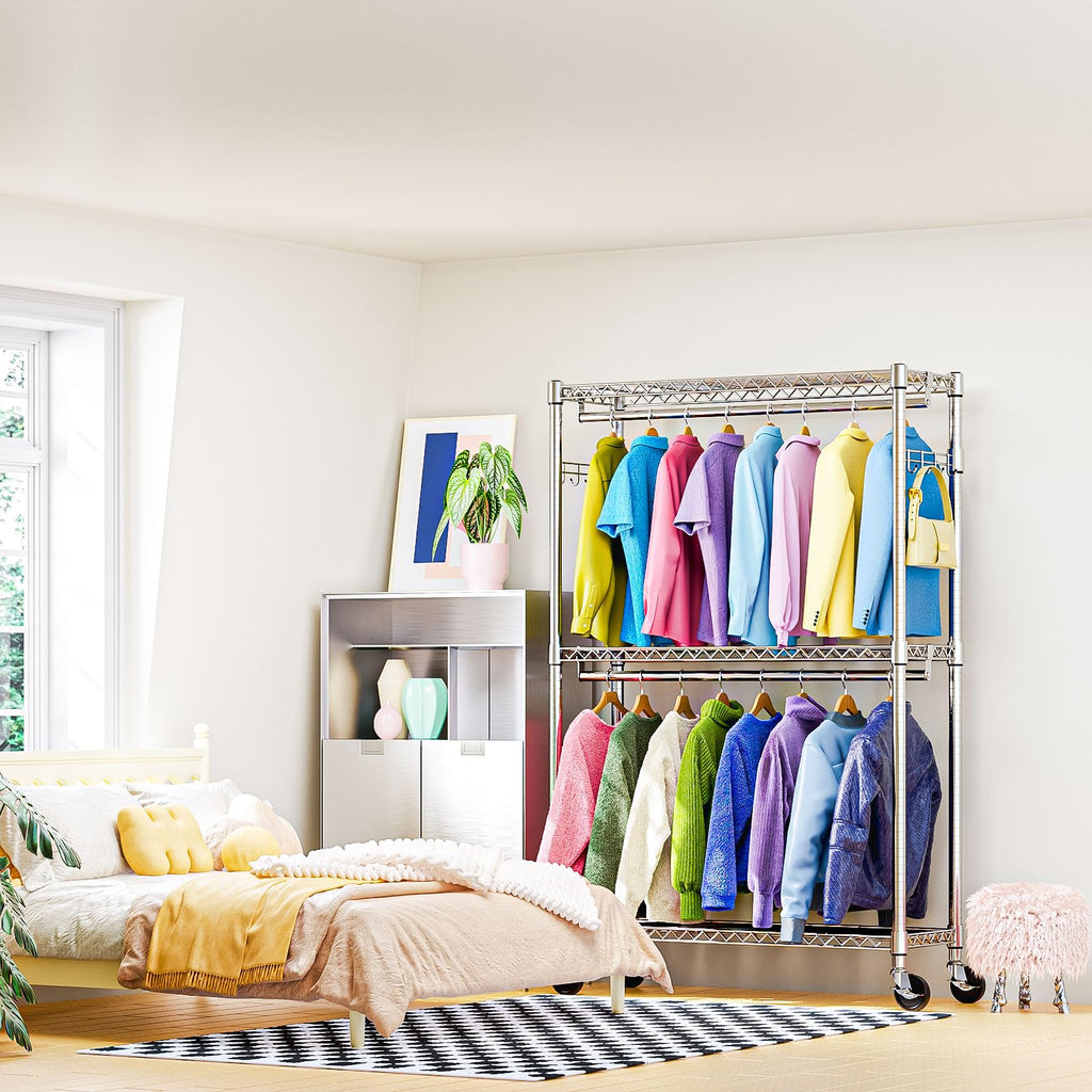 Heavy Duty Rolling Garment Rack 3 Tiers Adjustable Wire Shelving Clothes Rack with 2 Rods and Side Hooks, Storage