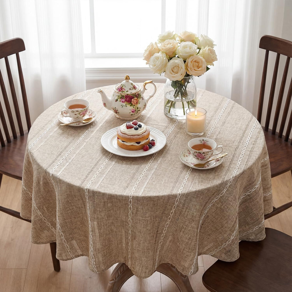 Light Coffee Round Tablecloth, 60×60 Inch, Farmhouse Style