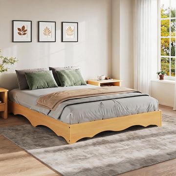 Japanese-Style Low-Profile Wood Platform Floor Bed Frame with Wave Edge, No Headboard, Solid Slat Support