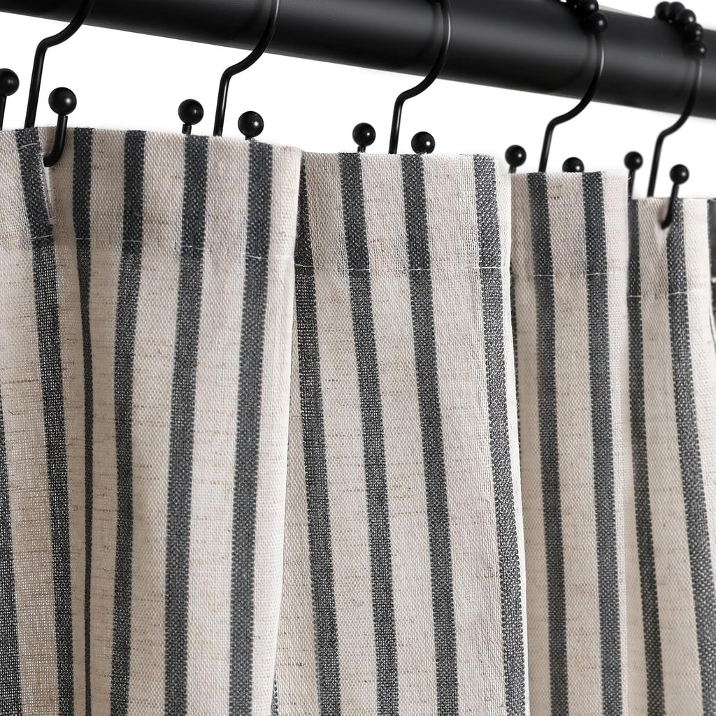 Farmhouse Striped Shower Curtain - 72x72 Inches, Linen Blend Fabric, Breathable & Machine Washable, Rustic Black