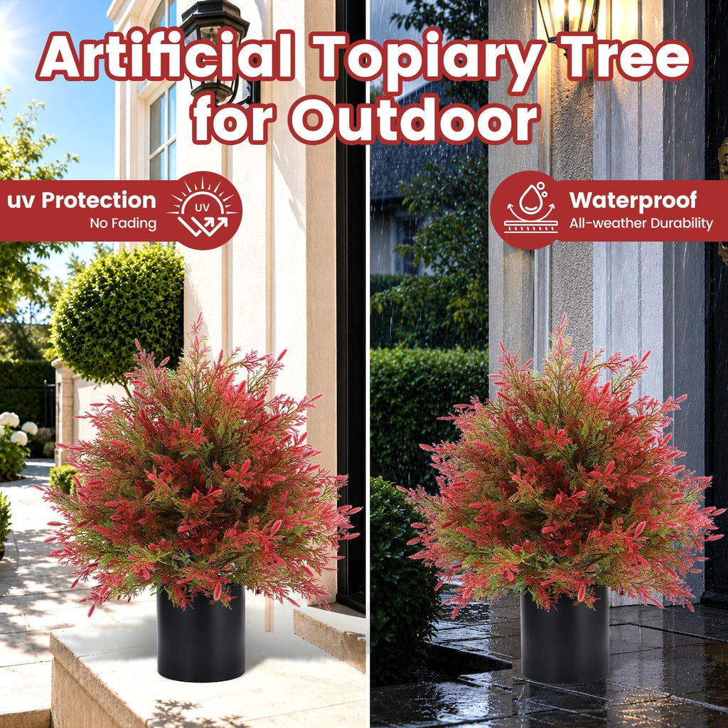 Artificial Fall Cedar Topiary Trees in Pot, 2 Pack UV Resistant Faux Greenery Shrubs, Fall Decoration for Outdoors