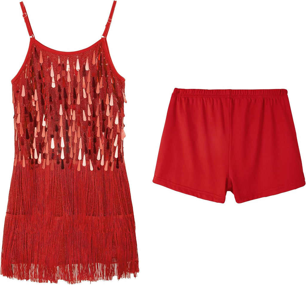 2Pcs Girls Sequin Fringe Dress & Shorts, 1920s Flapper Latin Dance