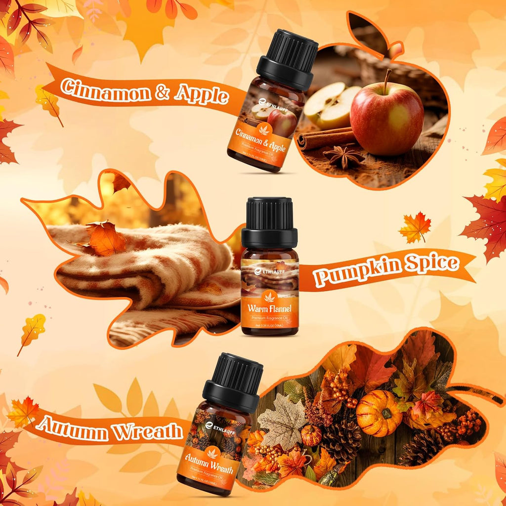 Fragrance Oil Autumn Set, Fall Essential Oils, Pumpkin Spice,Cinnamon & Apple,Fireplace, Autumn Wreath, Warm Flannel - Set of 6