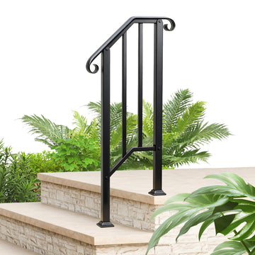 2 Step Handrails for Outdoor Steps, Wrought Iron Stair Railing Fits 1 or 2 Steps, Metal Hand Rail with Installation