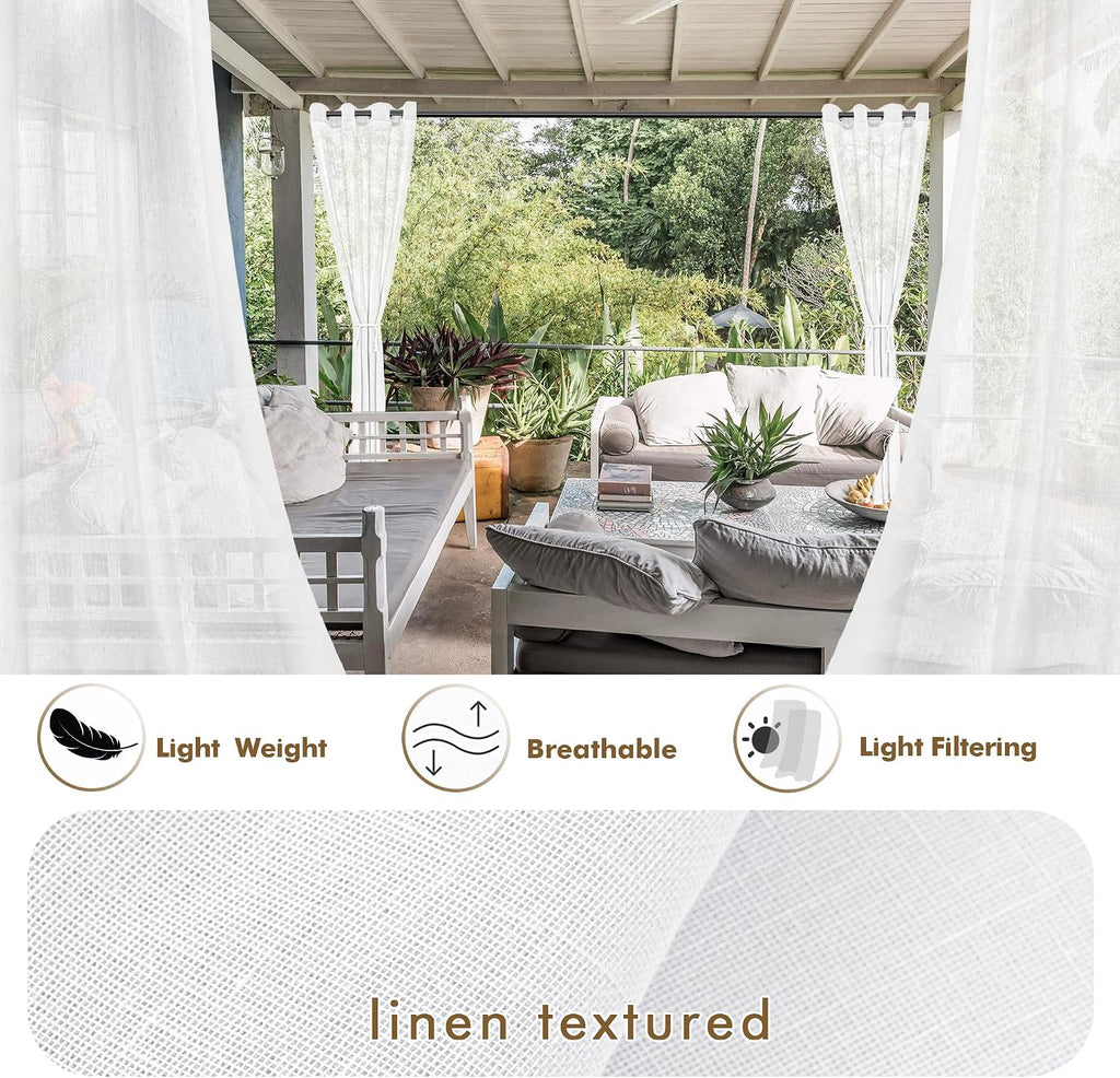 Semi Voile White Sheer Outdoor Curtains 4 Pcs 54x108 In | Light Filtering, Grommet Top Faux Linen Outdoor Dining