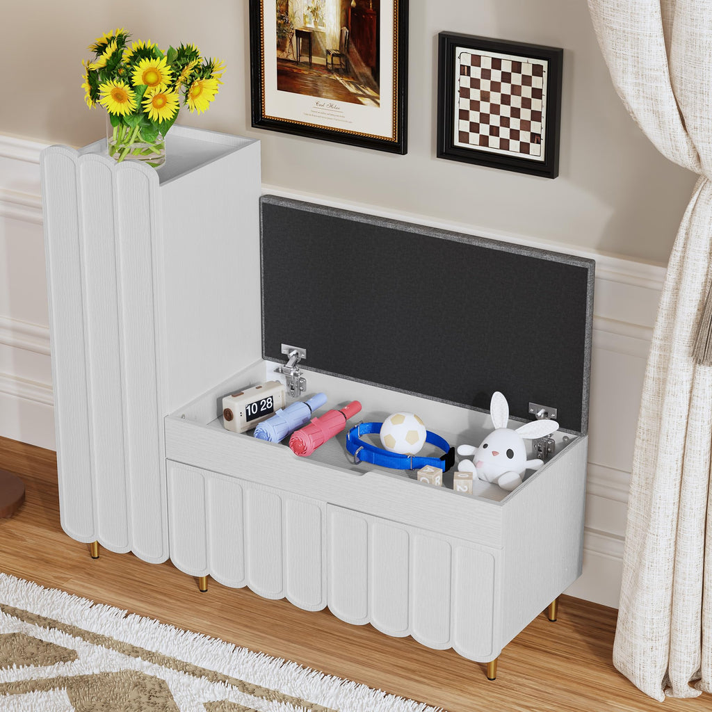 L-Shaped Entryway Shoe Bench with Cushioned Seat, White