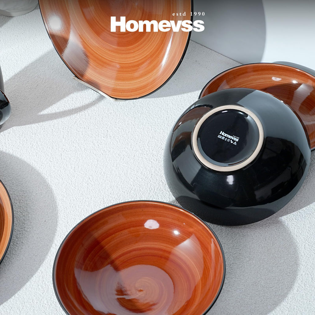 Sonoma Stoneware Dinnerware Set, outside Black plus inside Hand Painting Color, 16pc Set, Spice