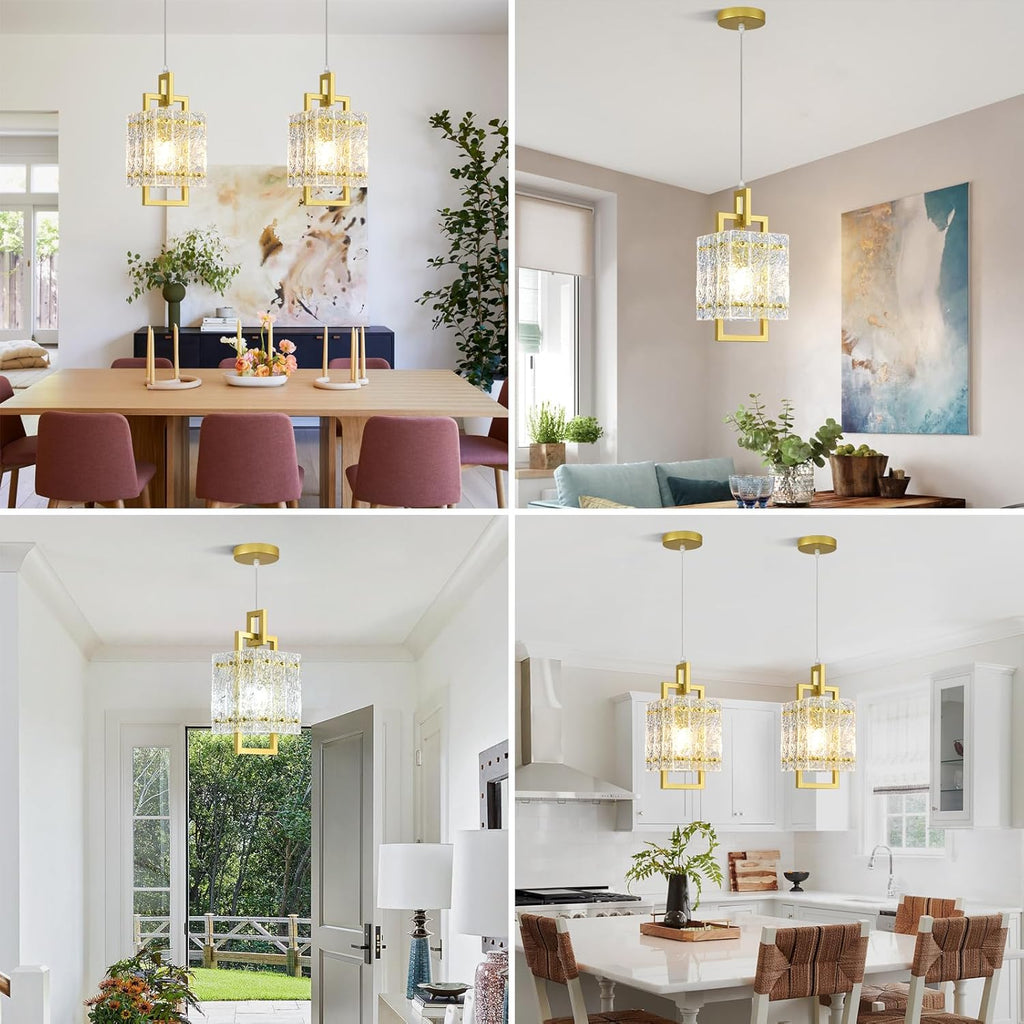 Gold Pendant Light Fixture - Modern Kitchen Island Water Ripple Glass Square Light - Adjustable Hanging Lighting for