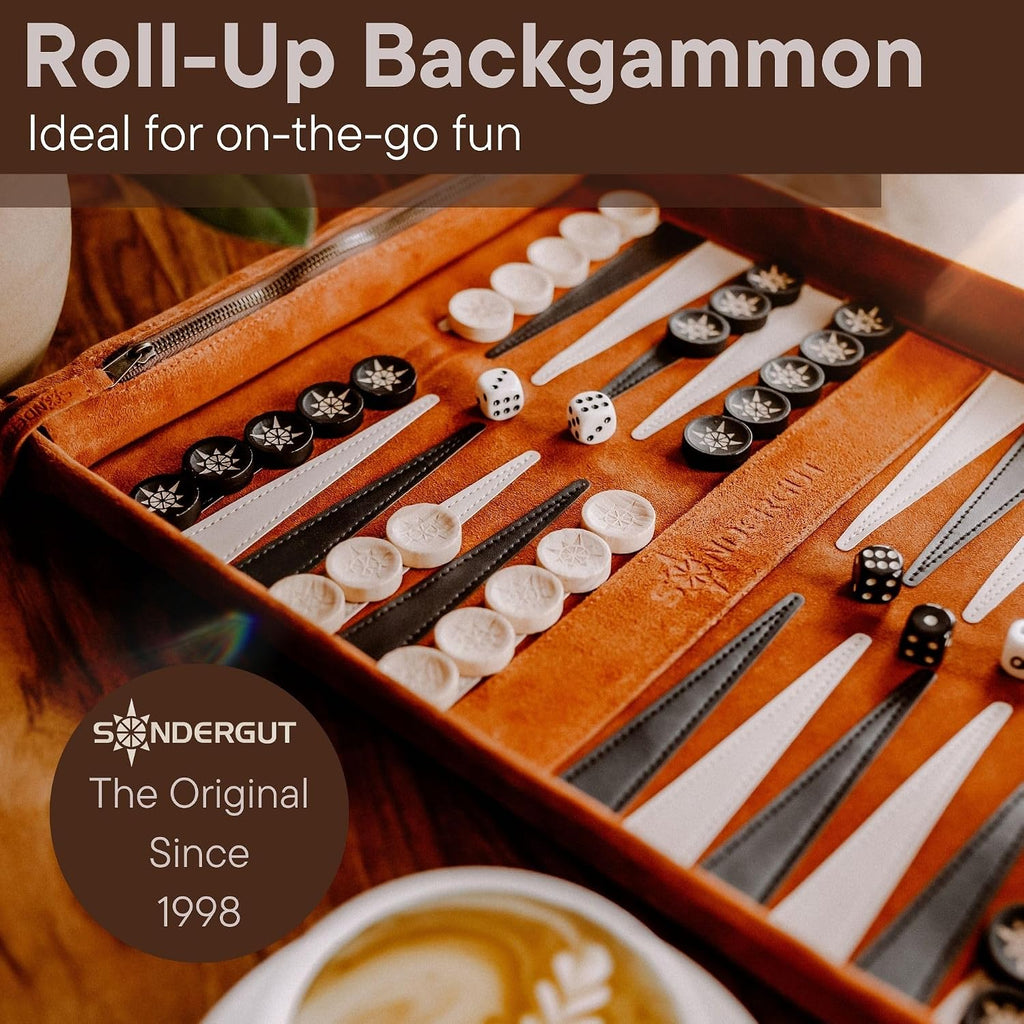 Roll-up Portable Suede Deluxe Backgammon Game Set- Elegant Design Engraved Wood Stones Pop-Up Playing Field - Set of 30