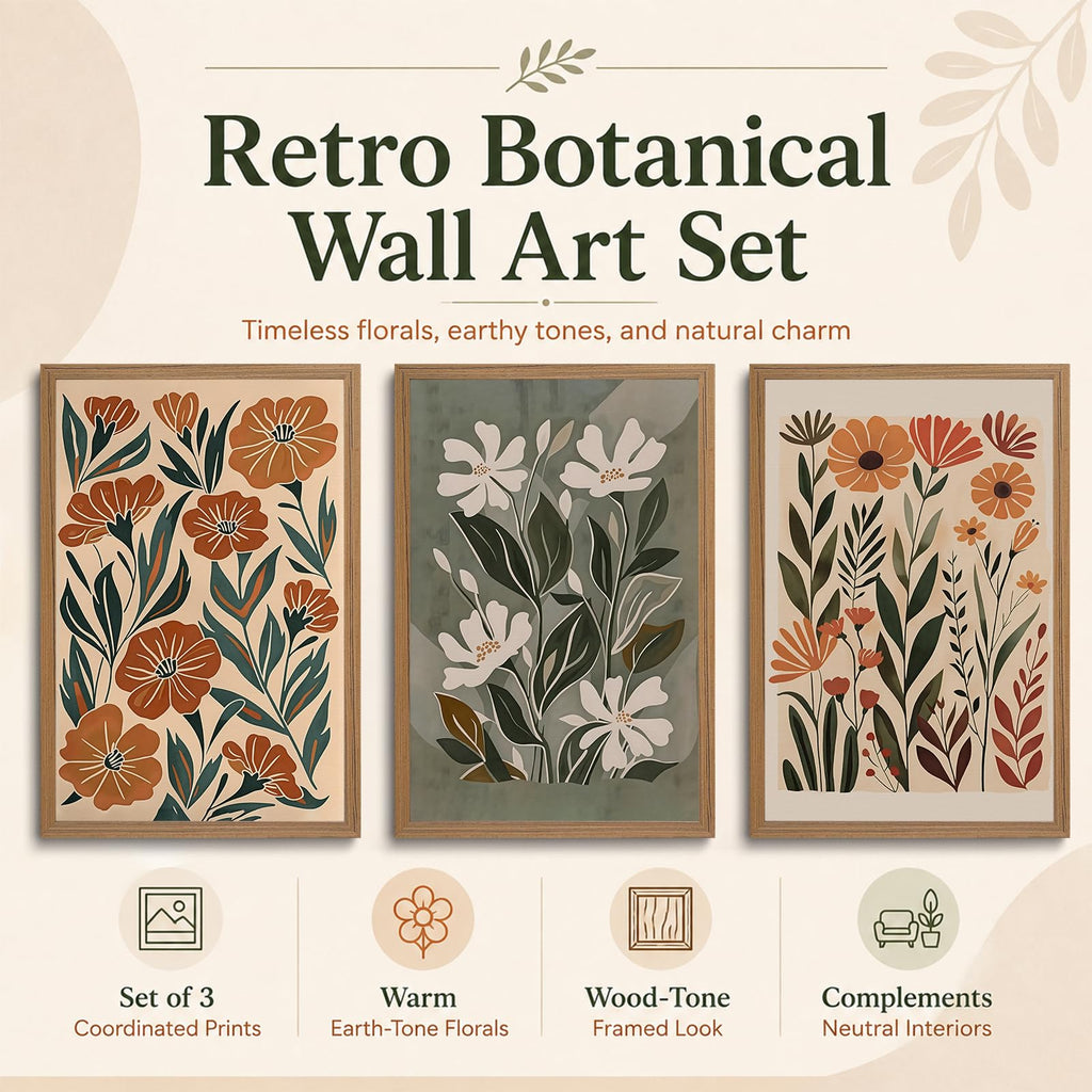 3 Piece Framed Floral Wall Art Mid Century Canvas Prints Boho Picture Decor