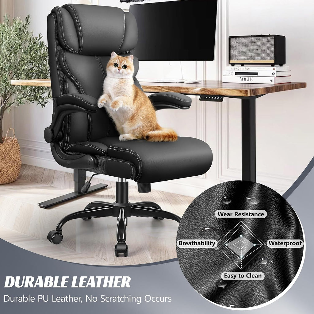Ergonomic Big and Tall Computer Desk Chairs, Executive Breathable Leather Chair with Adjustable Flip-up Armrests