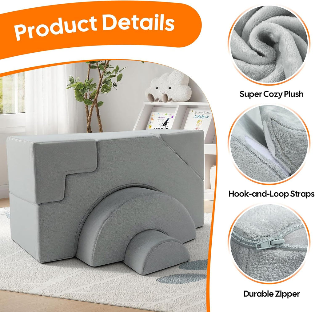 Modular Kids Couch with Slide & Stairs, Foam Play Sofa, Grey