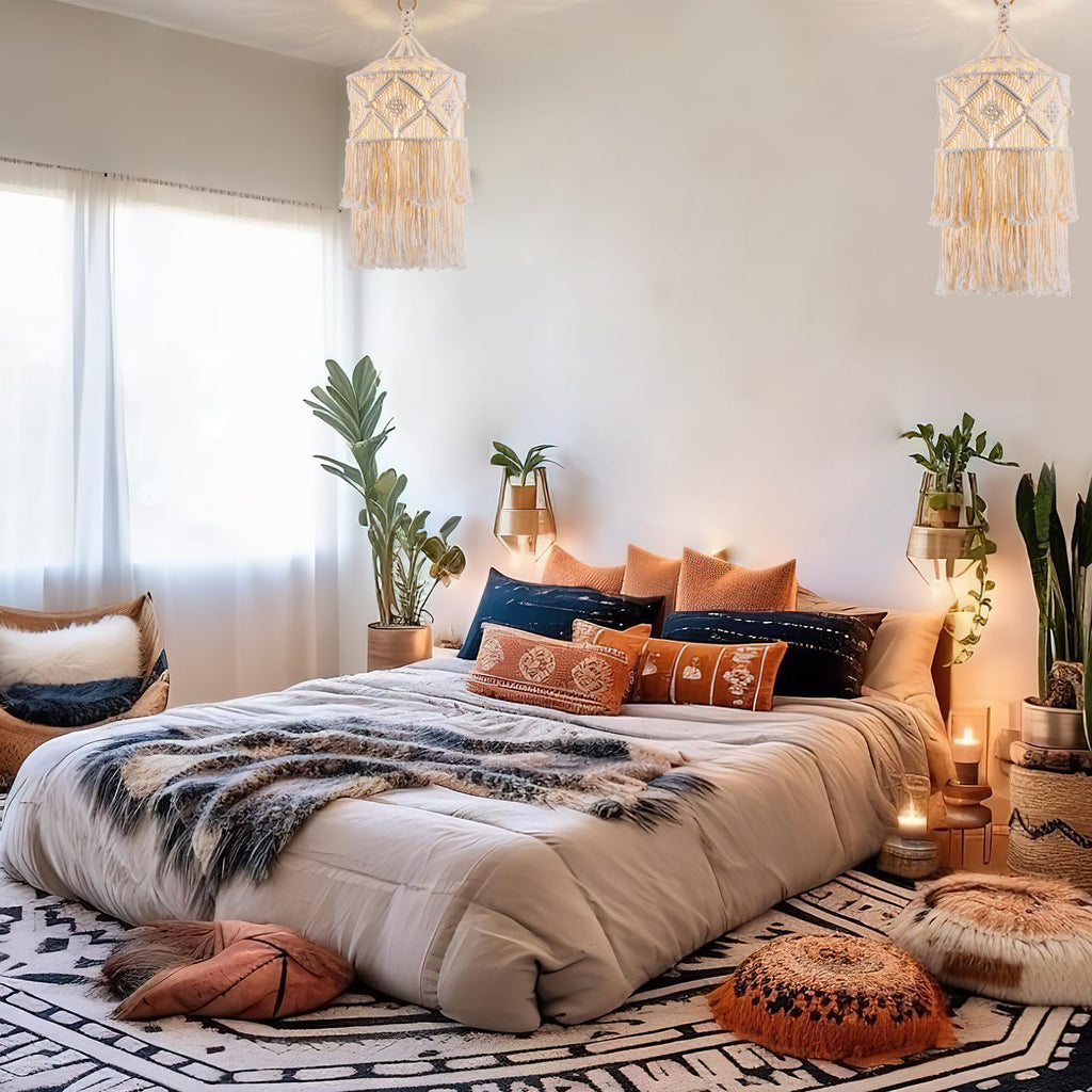 Boho Plug in Pendant Light, Handmade Macrame Hanging Lamp Shade